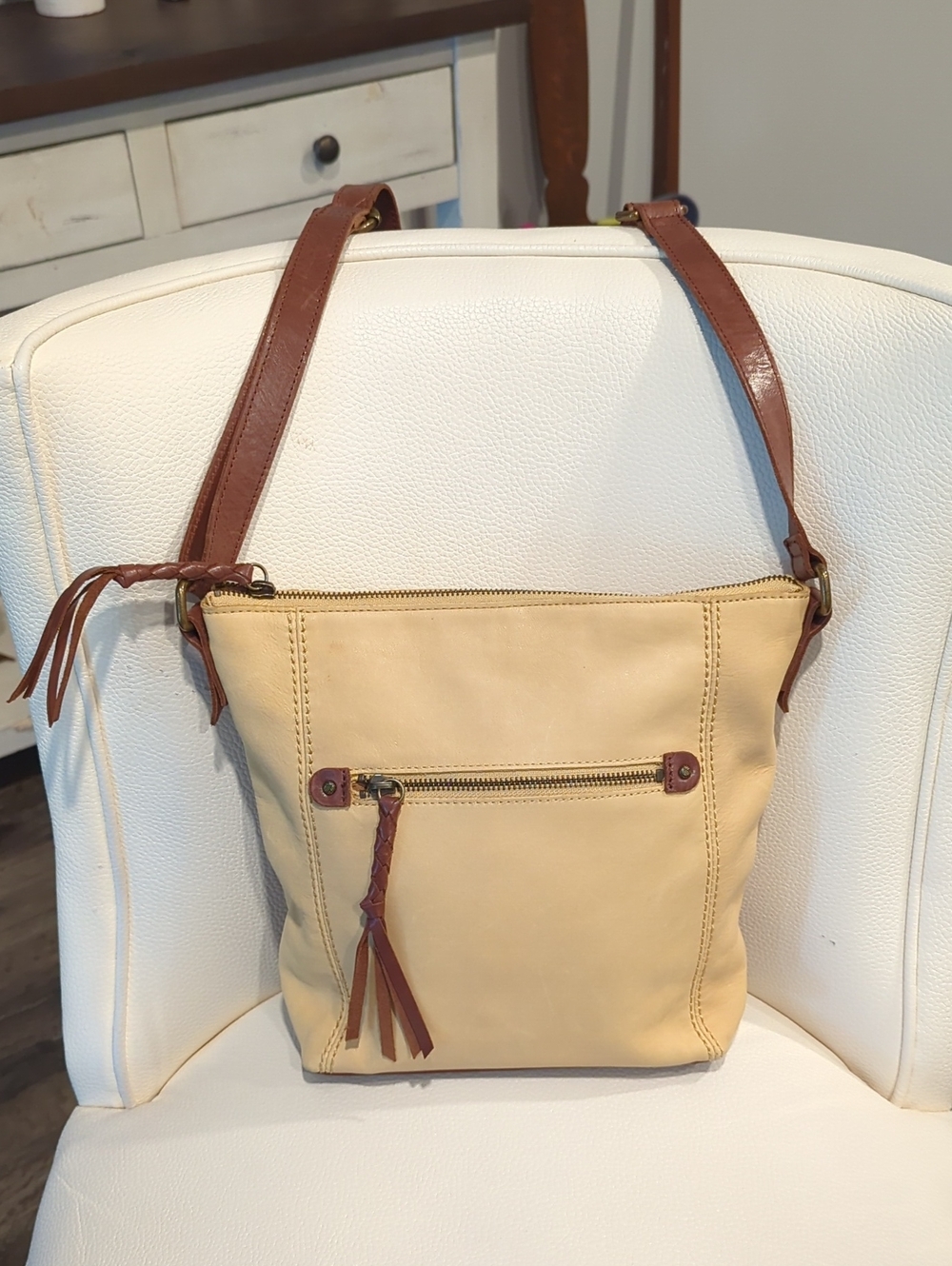 The Sak Beige Leather Crossbody with Brown Straps